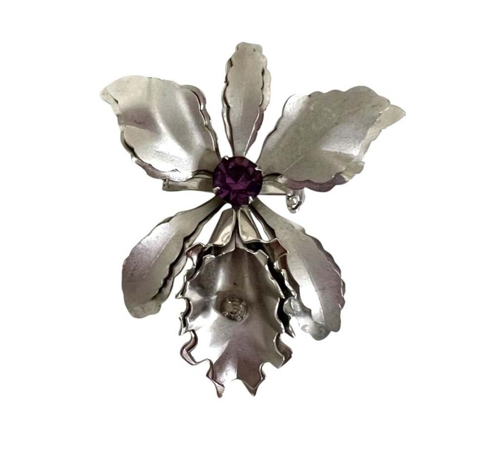 Silver Tone Orchid Flower Brooch Purple Rhinestone Center Convertible Pendant